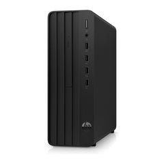 Vista angolata del desktop HP B70SVAT nero, design moderno e porte multiple per connettività avanzata in ambito professionale.
