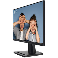 Vista angolata del monitor MSI PRO MP225 21.5'' Full HD con schermo IPS, immagini nitide e cornice sottile per un'esperienza visiva immersiva.