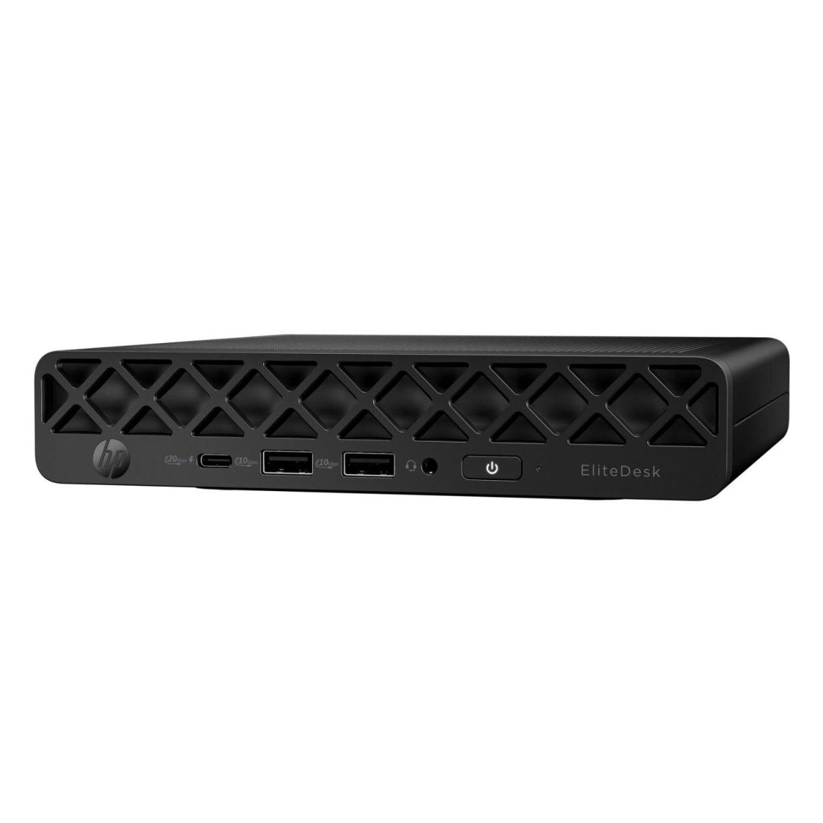 Mini PC HP 998Q8ET 90216 - Potente e Compatto, vista angolata del case nero con porte frontali e pulsante di accensione.