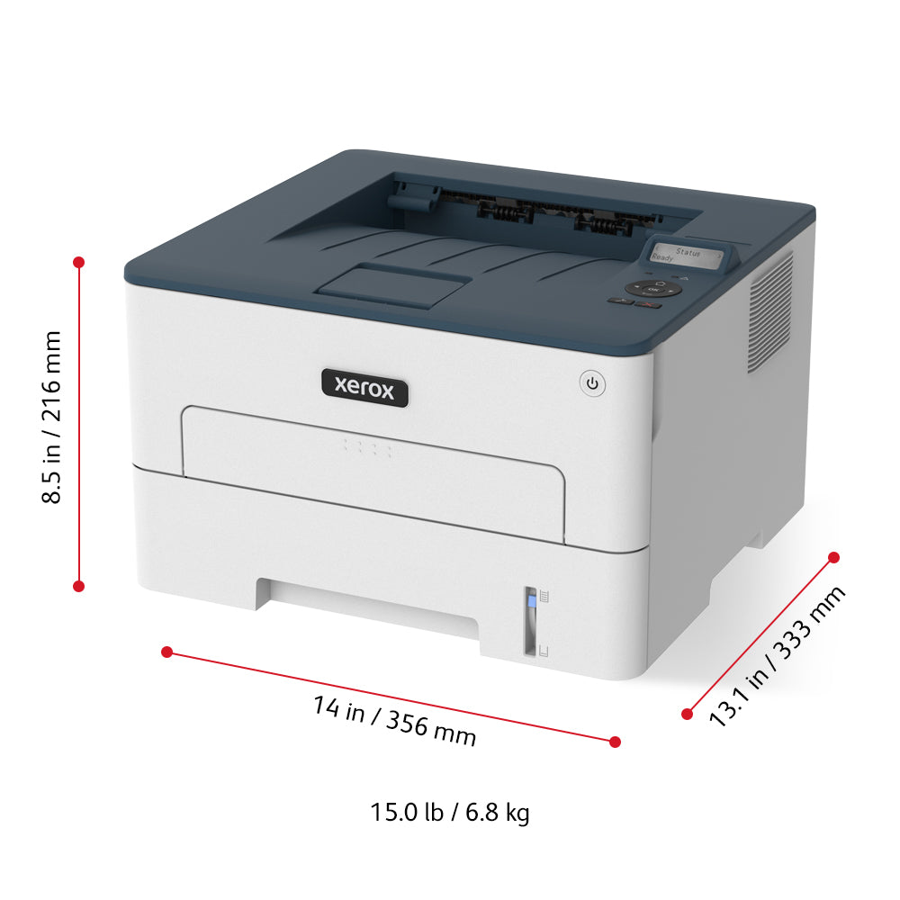 Stampante XEROX B230V_DNI blu e bianca con display, ideale per casa e ufficio, controllo a pulsante e processore veloce.