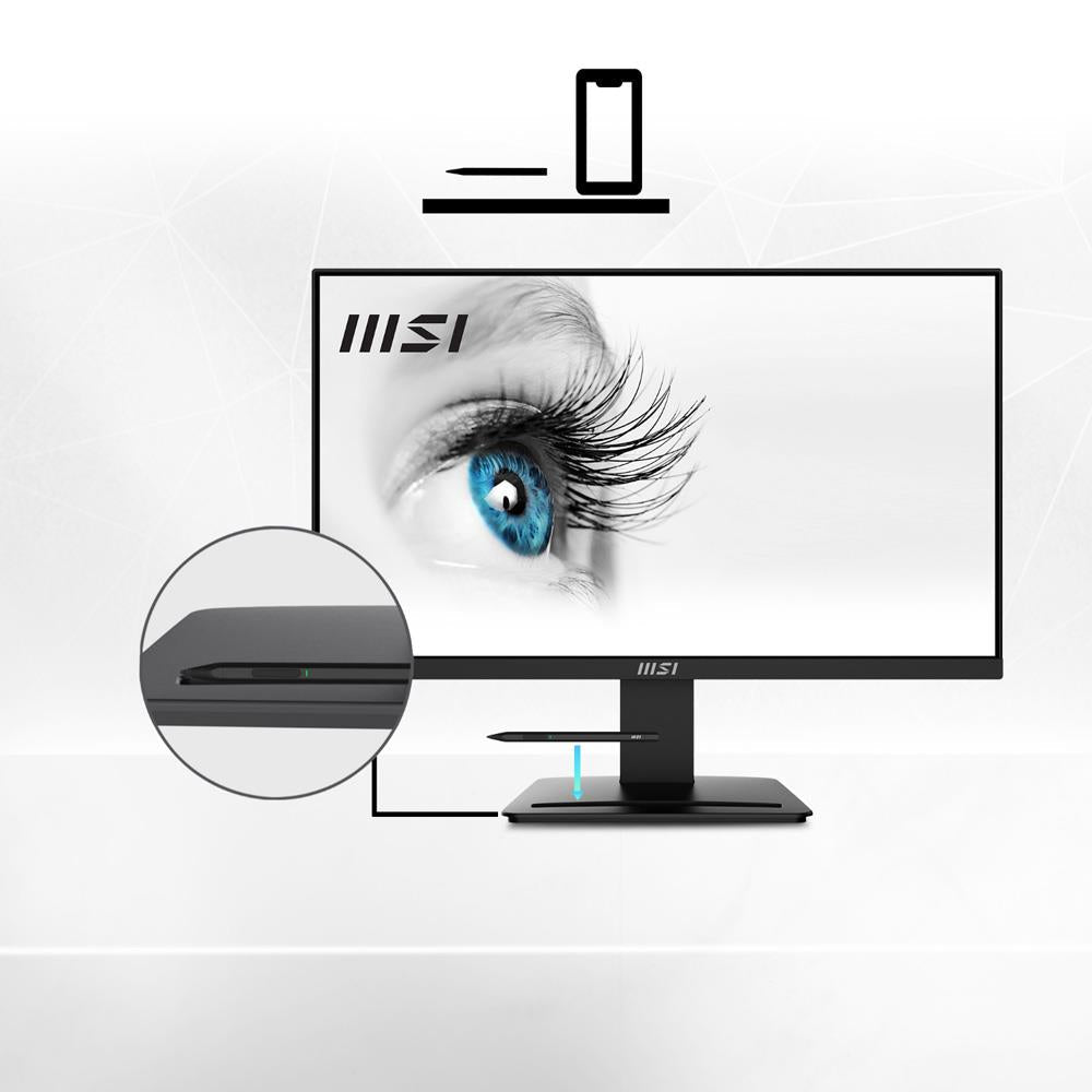MSI PRO MP2412 92486 con supporto per smartphone integrato nella base, design moderno e schermo antiriflesso per postazioni di lavoro ergonomiche.
