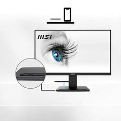 MSI PRO MP2412 92486 con supporto per smartphone integrato nella base, design moderno e schermo antiriflesso per postazioni di lavoro ergonomiche.