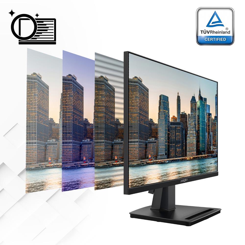 Monitor MSI PRO MP251 con display LED 24.5" Full HD, certificazione TÜV Rheinland e tecnologia anti-sfarfallio per il comfort visivo.
