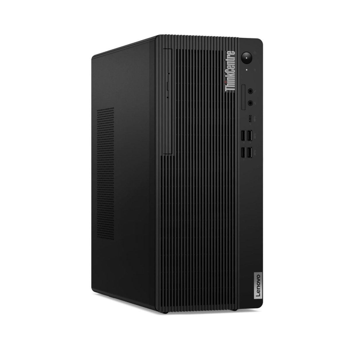 Computer Lenovo 93328 - LENOVO 12X90003IX angolato a sinistra, torre desktop nera ThinkCentre con porte frontali visibili