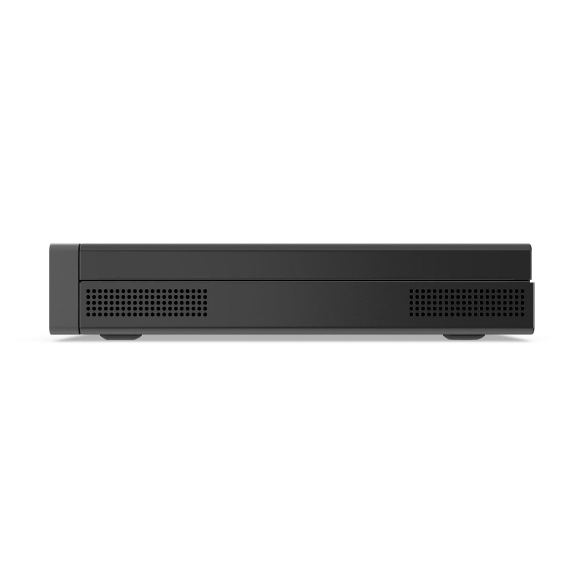 Vista orizzontale del Mini PC Lenovo 13B9000YIX con SSD 1TB e Wi-Fi 7, griglia di ventilazione per raffreddamento efficiente. Struttura sottile e moderna.