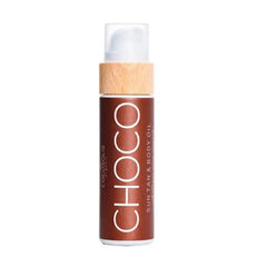 Cocosolis Choco Sun Tan & Body Oil 110ml con flacone marrone e tappo in legno, ideale per un'abbronzatura intensa e pelle idratata.