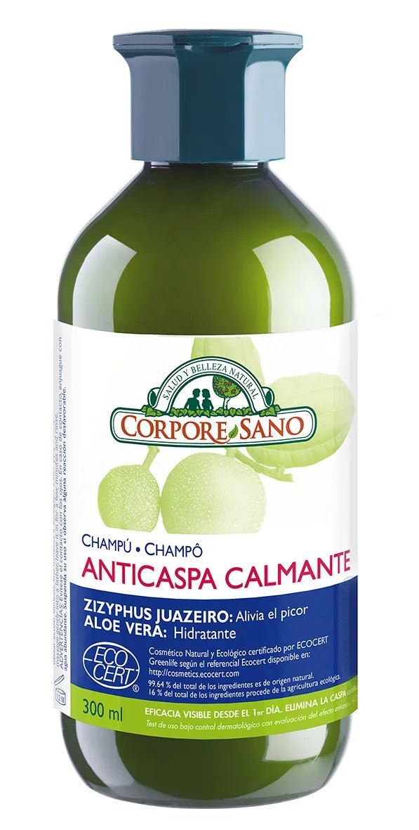 Champu Anticaspa Calmante Bio 300ml - Corpore con aloe vera e Zizyphus Joazeiro, ideale per lenire il prurito e idratare il cuoio capelluto.