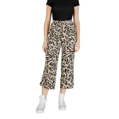Pantaloni Ichi Donna fantasia animalier beige e nera, taglio ampio e leggero per un look estivo audace e alla moda.