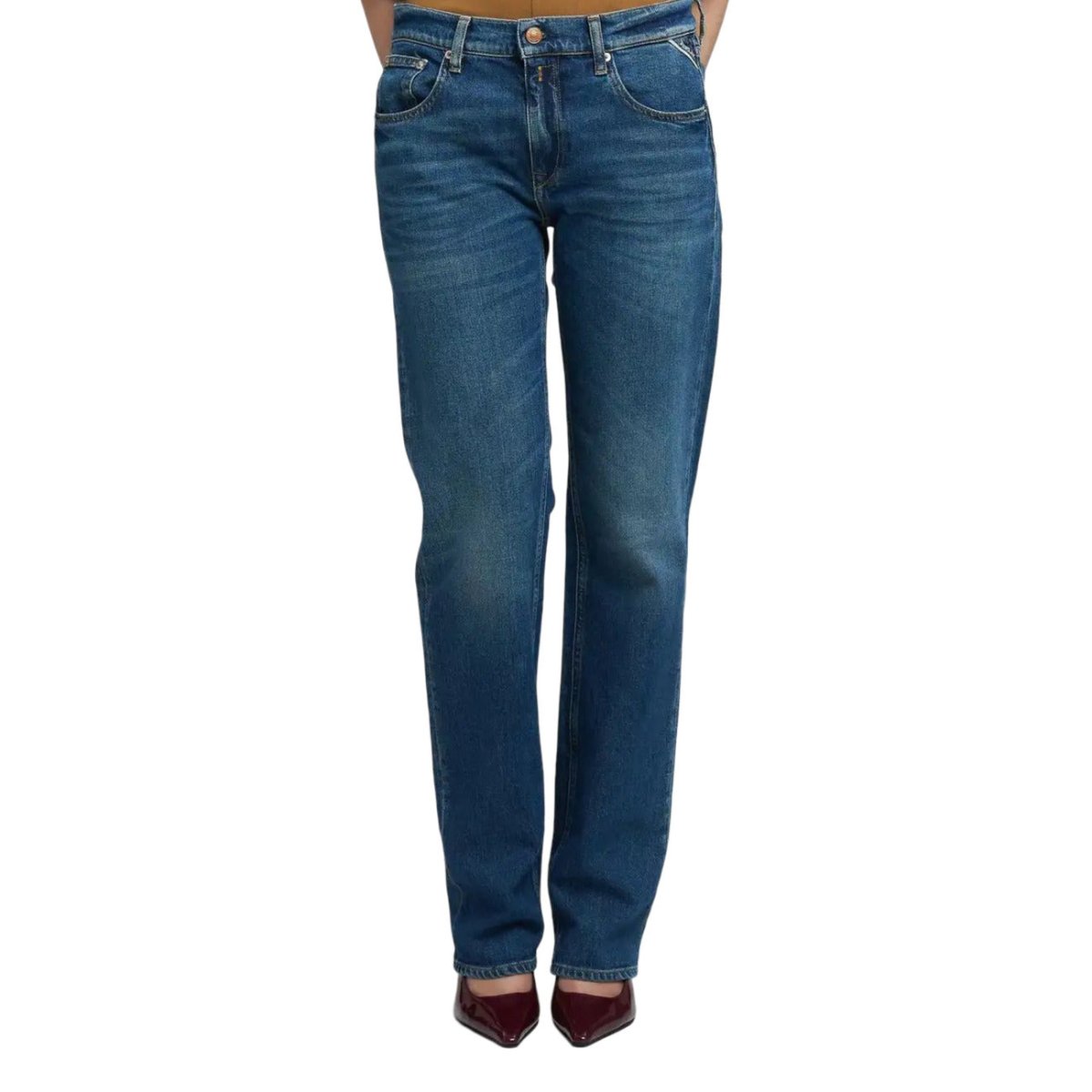 Jeans Donna Replay blu a gamba dritta, perfetti per la moda Autunno Inverno. Design classico in cotone con chiusura a bottone.