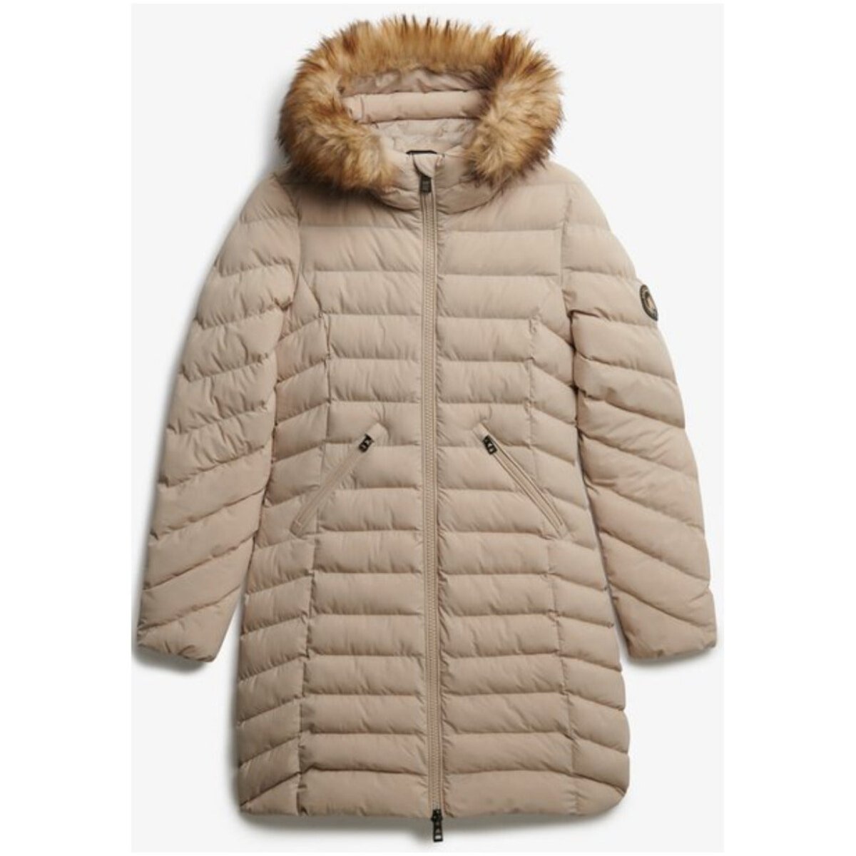 Giubbotto Superdry donna beige con zip frontale, cappuccio con pelliccia e tasche laterali. Stile autunno/inverno elegante e pratico.