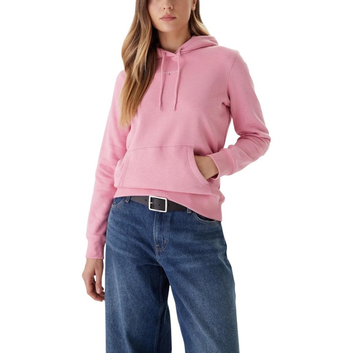 Tommy Hilfiger Jeans Felpa Donna rosa con cappuccio e tasca frontale, perfetta per l'autunno/inverno. Design casual in cotone organico.