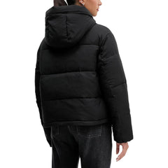 Retro del giubbotto Tommy Hilfiger Jeans Donna nero, stile puffer con cappuccio, ideale per la stagione autunno/inverno. Design moderno e caldo.